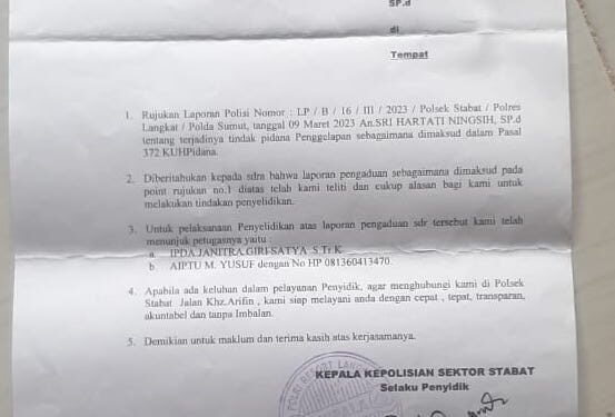 Laporan Hartati Tujuh Bulan Mandek di Polsek Stabat