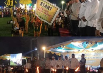 Pj Gubsu diwakili Sekretaris DPRD Sumut Dr Zulkifli SIP MM bersama anggota DPRD Sumut Wagirin Arman selaku pemrakarsa kegiatan dan Forkopimda, Forkopimca saat pembukaan Festival Takbir Akbar dan Pawai Obor di di Lapangan Desa Klambir V Kebun, Kecamatan Hamparan Perak, Kabupaten Deli Serdang, Sumatera Utara, Minggu (16/06/24) malam.