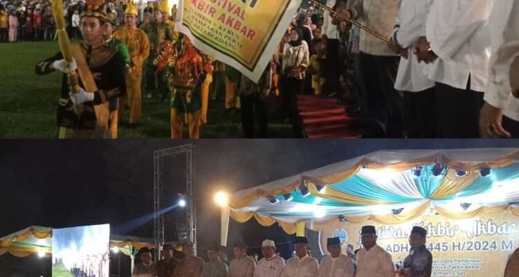 Pj Gubsu diwakili Sekretaris DPRD Sumut Dr Zulkifli SIP MM bersama anggota DPRD Sumut Wagirin Arman selaku pemrakarsa kegiatan dan Forkopimda, Forkopimca saat pembukaan Festival Takbir Akbar dan Pawai Obor di di Lapangan Desa Klambir V Kebun, Kecamatan Hamparan Perak, Kabupaten Deli Serdang, Sumatera Utara, Minggu (16/06/24) malam.