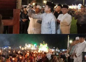Pj Gubernur Sumut diwakili Sekretaris DPRD Sumut Utara Dr Zulkifli SIP MM bersama anggota DPRD Sumut Wagirin Arman selaku pemrakarsa kegiatan dan Forkopimda, Forkopimca saat pelepasan Festival Takbir Akbar dan Pawai Obor di di Lapangan Desa Klambir V Kebun, Kecamatan Hamparan Perak, Kabupaten Deli Serdang, Sumatera Utara, Minggu (16/06/24) malam.